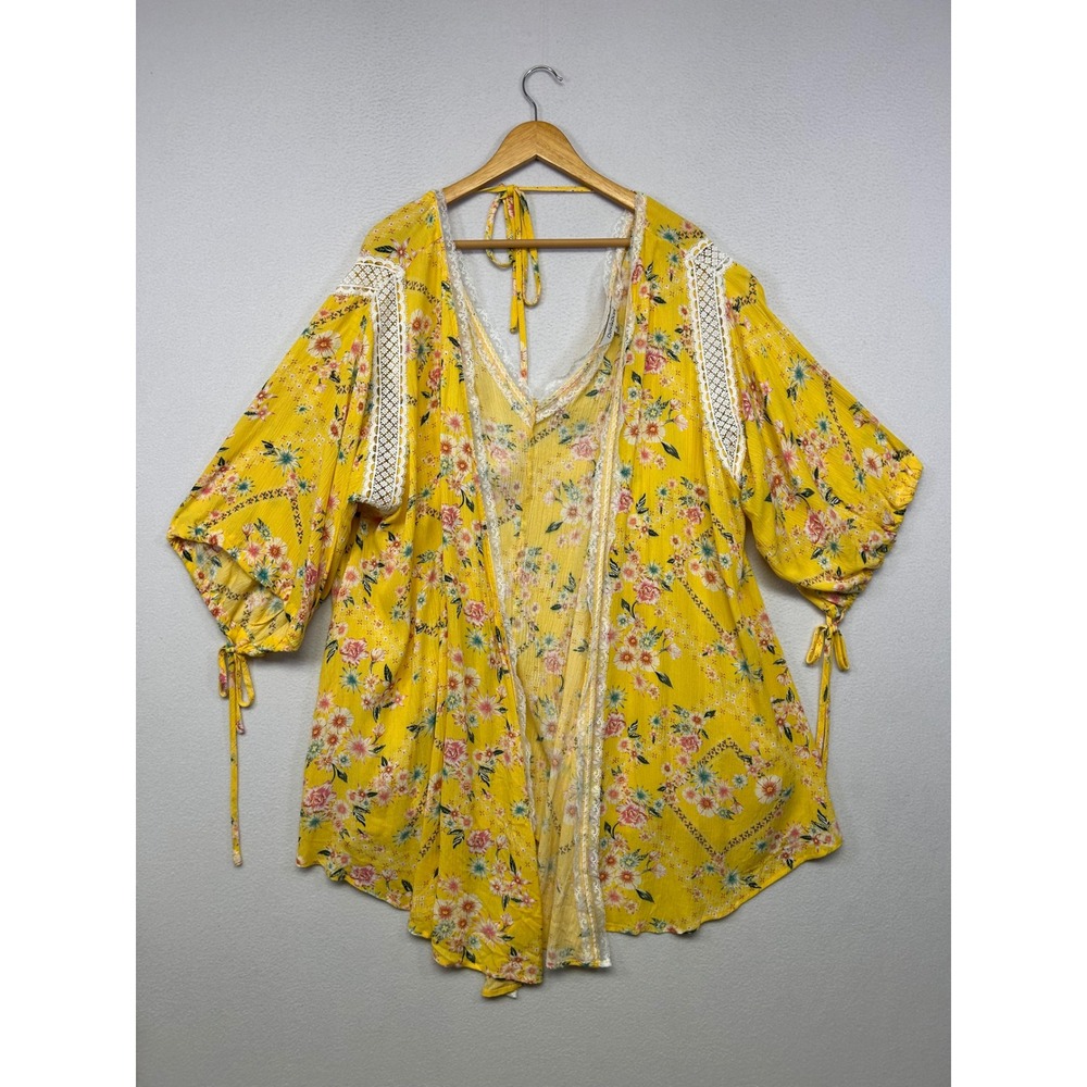 Boho Cottagecore Davi & Dani Womens Medium Yellow Floral Lace Kimono Cardigan